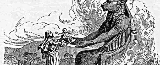 Picture depicting child sacrifice to a burning idol of Molech